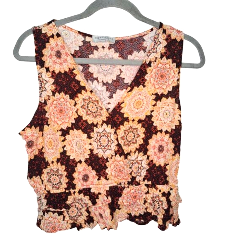 Paper Crane Neutral Patterned Sleeveless V Neck Blouse Size Large